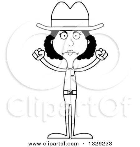 Lineart Clipart of a Cartoon Black and White Angry Tall Skinny Black Cowgirl Woman - Royalty Free Outline Vector Illustration by Cory Thoman