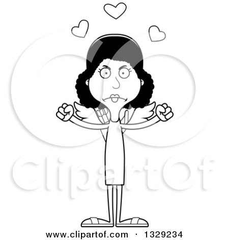 Lineart Clipart of a Cartoon Black and White Angry Tall Skinny Black Woman Cupid - Royalty Free Outline Vector Illustration by Cory Thoman