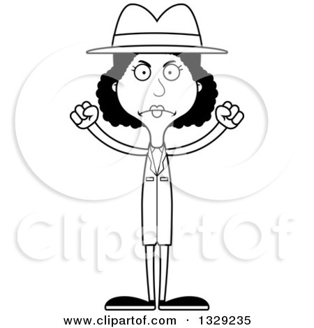 Lineart Clipart of a Cartoon Black and White Angry Tall Skinny Black Woman Detective - Royalty Free Outline Vector Illustration by Cory Thoman