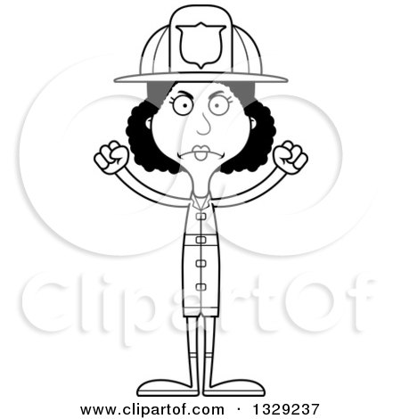 Lineart Clipart of a Cartoon Black and White Angry Tall Skinny Black Woman Firefighter - Royalty Free Outline Vector Illustration by Cory Thoman