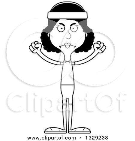 Lineart Clipart of a Cartoon Black and White Angry Tall Skinny Black Fit Woman - Royalty Free Outline Vector Illustration by Cory Thoman