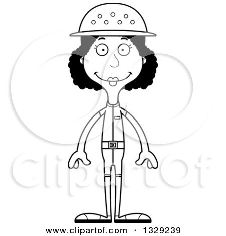 Lineart Clipart of a Cartoon Black and White Happy Tall Skinny Black Woman Zookeeper - Royalty Free Outline Vector Illustration by Cory Thoman