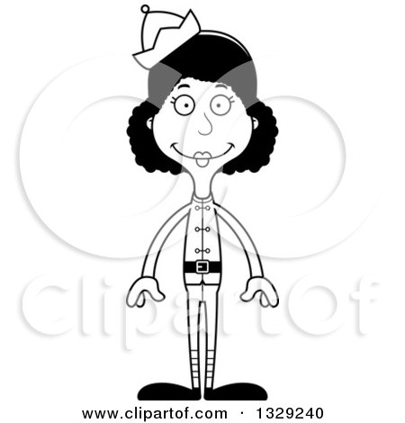 Lineart Clipart of a Cartoon Black and White Happy Tall Skinny Black Christmas Elf Woman - Royalty Free Outline Vector Illustration by Cory Thoman