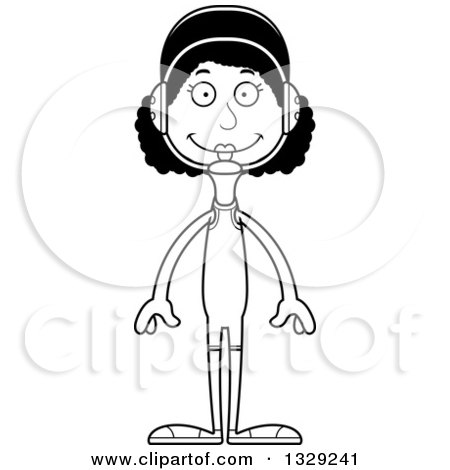 Lineart Clipart of a Cartoon Black and White Happy Tall Skinny Black Woman Wrestler - Royalty Free Outline Vector Illustration by Cory Thoman