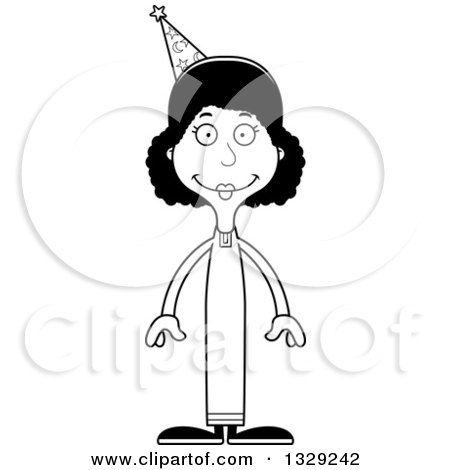 Lineart Clipart of a Cartoon Black and White Happy Tall Skinny Black Wizard Woman - Royalty Free Outline Vector Illustration by Cory Thoman
