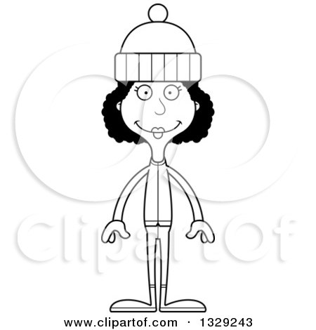 Lineart Clipart of a Cartoon Black and White Happy Tall Skinny Black Woman in Winter Clothes - Royalty Free Outline Vector Illustration by Cory Thoman