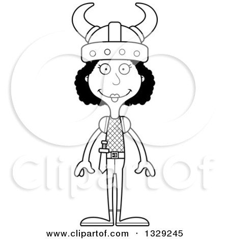 Lineart Clipart of a Cartoon Black and White Happy Tall Skinny Black Viking Woman - Royalty Free Outline Vector Illustration by Cory Thoman