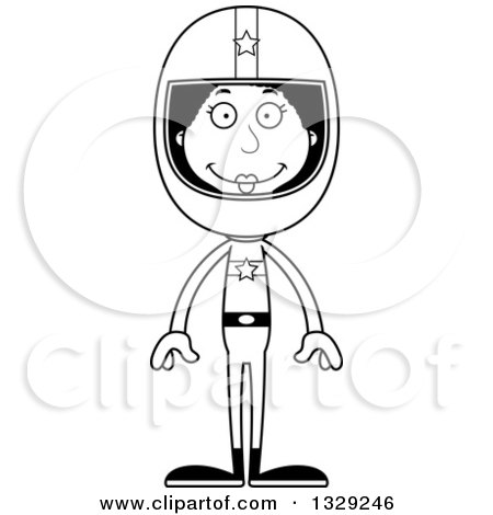 Lineart Clipart of a Cartoon Black and White Happy Tall Skinny Black Woman Race Car Driver - Royalty Free Outline Vector Illustration by Cory Thoman