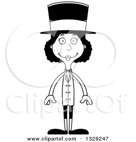 Lineart Clipart of a Cartoon Black and White Happy Tall Skinny Black Woman Circus Ringmaster - Royalty Free Outline Vector Illustration by Cory Thoman