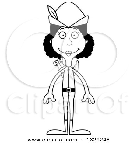 Lineart Clipart of a Cartoon Black and White Happy Tall Skinny Black Robin Hood Woman - Royalty Free Outline Vector Illustration by Cory Thoman