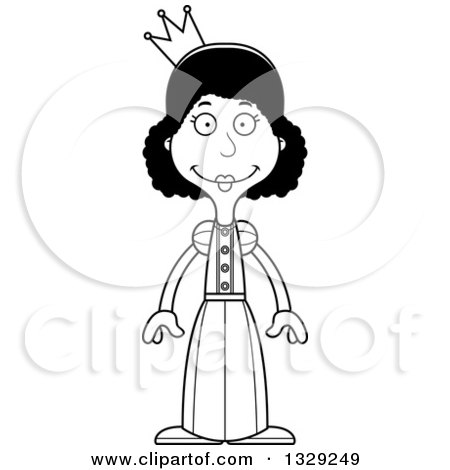 Lineart Clipart of a Cartoon Black and White Happy Tall Skinny Black Woman Princess - Royalty Free Outline Vector Illustration by Cory Thoman