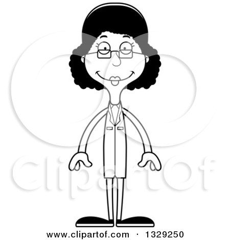 Lineart Clipart of a Cartoon Black and White Happy Tall Skinny Black Woman Scientist - Royalty Free Outline Vector Illustration by Cory Thoman
