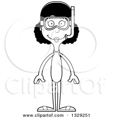 Lineart Clipart of a Cartoon Black and White Happy Tall Skinny Black Woman in Snorkel Gear - Royalty Free Outline Vector Illustration by Cory Thoman