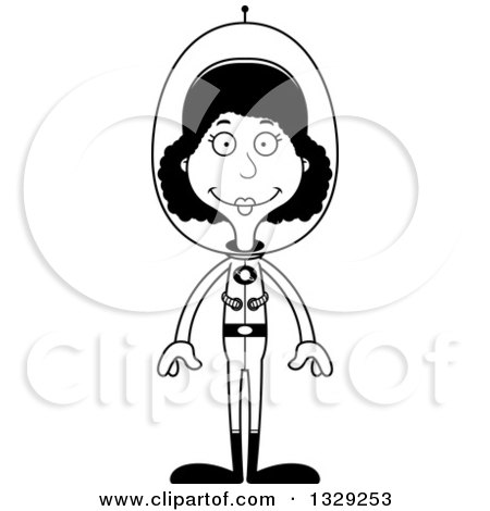 Lineart Clipart of a Cartoon Black and White Happy Tall Skinny Black Futuristic Space Woman - Royalty Free Outline Vector Illustration by Cory Thoman