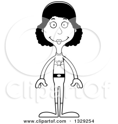 Lineart Clipart of a Cartoon Black and White Happy Tall Skinny Black Super Hero Woman - Royalty Free Outline Vector Illustration by Cory Thoman