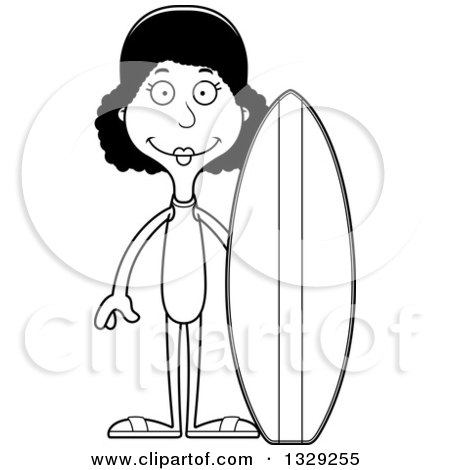 Lineart Clipart of a Cartoon Black and White Happy Tall Skinny Black Surfer Woman - Royalty Free Outline Vector Illustration by Cory Thoman