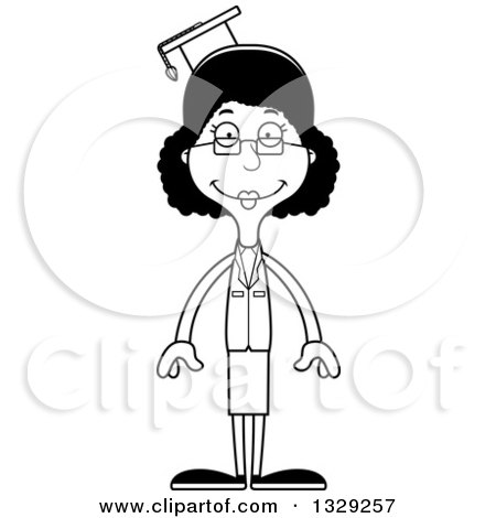 Lineart Clipart of a Cartoon Black and White Happy Tall Skinny Black Woman Professor - Royalty Free Outline Vector Illustration by Cory Thoman