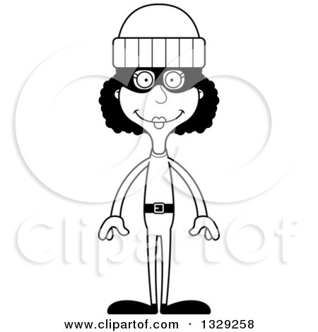 Lineart Clipart of a Cartoon Black and White Happy Tall Skinny Black Woman Robber - Royalty Free Outline Vector Illustration by Cory Thoman