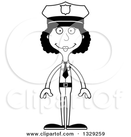 Lineart Clipart of a Cartoon Black and White Happy Tall Skinny Black Woman Police Officer - Royalty Free Outline Vector Illustration by Cory Thoman