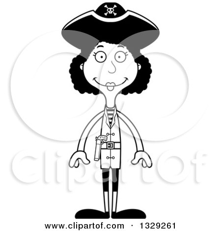 Lineart Clipart of a Cartoon Black and White Happy Tall Skinny Black Woman Pirate - Royalty Free Outline Vector Illustration by Cory Thoman