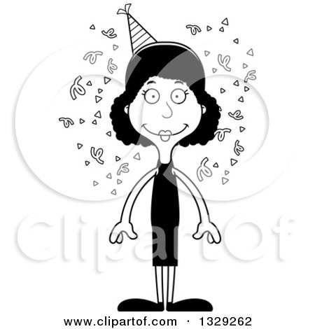 Lineart Clipart of a Cartoon Black and White Happy Tall Skinny Black Party Woman - Royalty Free Outline Vector Illustration by Cory Thoman