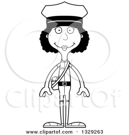Lineart Clipart of a Cartoon Black and White Happy Tall Skinny Black Mail Woman - Royalty Free Outline Vector Illustration by Cory Thoman