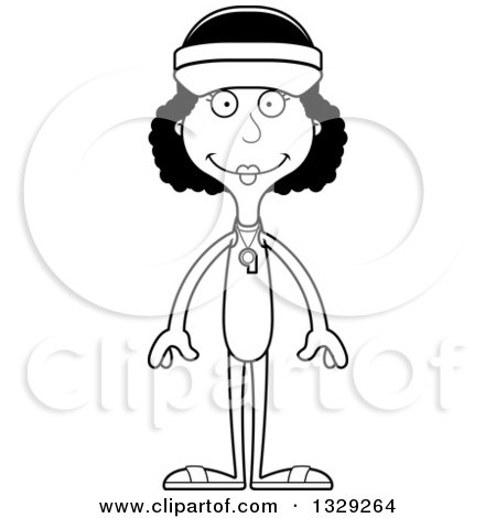 Lineart Clipart of a Cartoon Black and White Happy Tall Skinny Black Woman Lifeguard - Royalty Free Outline Vector Illustration by Cory Thoman