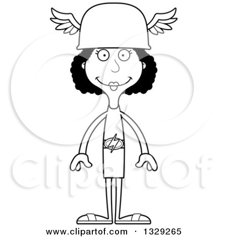 Lineart Clipart of a Cartoon Black and White Happy Tall Skinny Black Hermes Woman - Royalty Free Outline Vector Illustration by Cory Thoman
