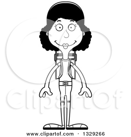 Lineart Clipart of a Cartoon Black and White Happy Tall Skinny Black Woman Hiker - Royalty Free Outline Vector Illustration by Cory Thoman