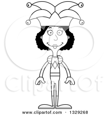 Lineart Clipart of a Cartoon Black and White Happy Tall Skinny Black Woman Jester - Royalty Free Outline Vector Illustration by Cory Thoman