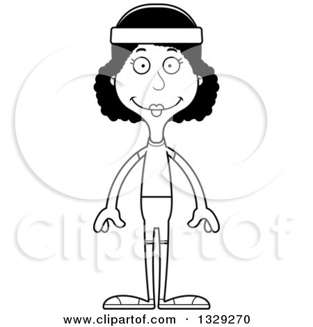 Lineart Clipart of a Cartoon Black and White Happy Tall Skinny Black Fit Woman - Royalty Free Outline Vector Illustration by Cory Thoman
