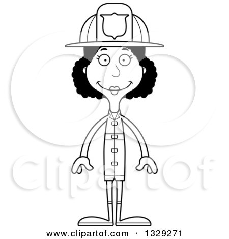 Lineart Clipart of a Cartoon Black and White Happy Tall Skinny Black Woman Firefighter - Royalty Free Outline Vector Illustration by Cory Thoman