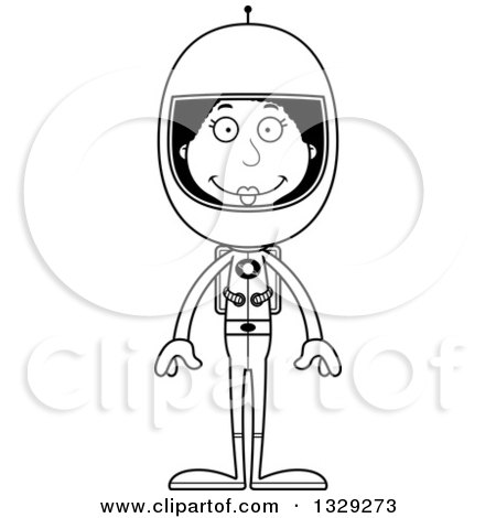 Lineart Clipart of a Cartoon Black and White Happy Tall Skinny Black Woman Astronaut - Royalty Free Outline Vector Illustration by Cory Thoman