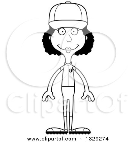 Lineart Clipart of a Cartoon Black and White Happy Tall Skinny Black Woman Baseball Player - Royalty Free Outline Vector Illustration by Cory Thoman