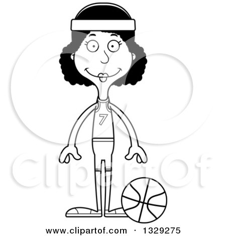 Lineart Clipart of a Cartoon Black and White Happy Tall Skinny Black Woman Basketball Player - Royalty Free Outline Vector Illustration by Cory Thoman