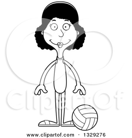 Lineart Clipart of a Cartoon Black and White Happy Tall Skinny Black Woman Beach Volleyball Player - Royalty Free Outline Vector Illustration by Cory Thoman