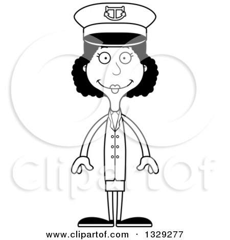 Lineart Clipart of a Cartoon Black and White Happy Tall Skinny Black Woman Boat Captain - Royalty Free Outline Vector Illustration by Cory Thoman