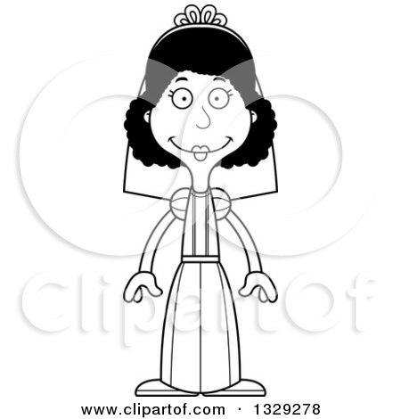 Lineart Clipart of a Cartoon Black and White Happy Tall Skinny Black Woman Bride - Royalty Free Outline Vector Illustration by Cory Thoman