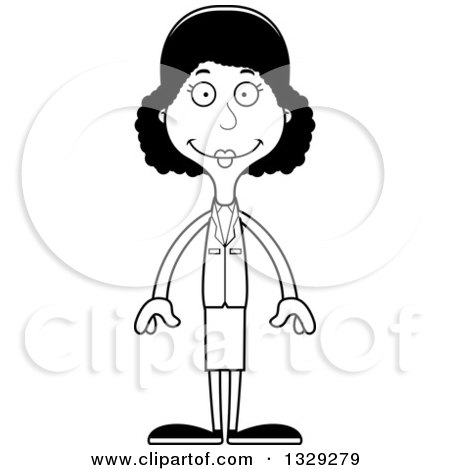 Lineart Clipart of a Cartoon Black and White Happy Tall Skinny Black Business Woman - Royalty Free Outline Vector Illustration by Cory Thoman