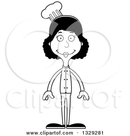 Lineart Clipart of a Cartoon Black and White Happy Tall Skinny Black Woman Chef - Royalty Free Outline Vector Illustration by Cory Thoman