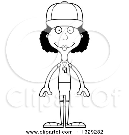 Lineart Clipart of a Cartoon Black and White Happy Tall Skinny Black Woman Sports Coach - Royalty Free Outline Vector Illustration by Cory Thoman