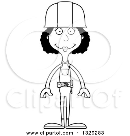 Lineart Clipart of a Cartoon Black and White Happy Tall Skinny Black Woman Construction Worker - Royalty Free Outline Vector Illustration by Cory Thoman