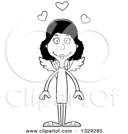 Lineart Clipart of a Cartoon Black and White Happy Tall Skinny Black Woman Cupid - Royalty Free Outline Vector Illustration by Cory Thoman