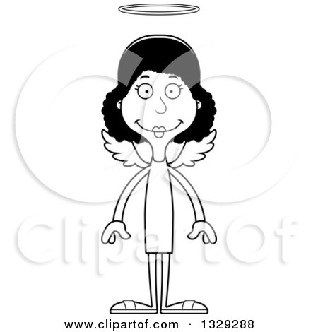 Lineart Clipart of a Cartoon Black and White Happy Tall Skinny Black Woman Angel - Royalty Free Outline Vector Illustration by Cory Thoman