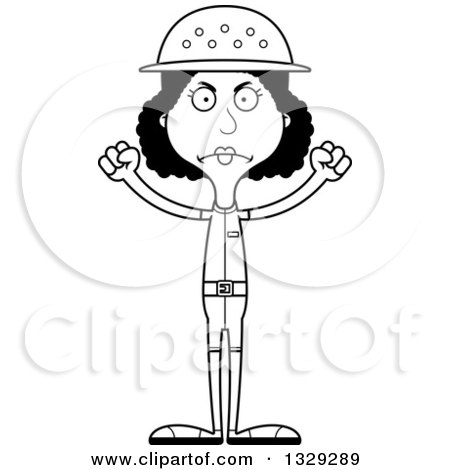 Lineart Clipart of a Cartoon Black and White Angry Tall Skinny Black Woman Zookeeper - Royalty Free Outline Vector Illustration by Cory Thoman