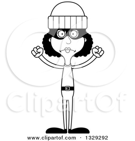 Lineart Clipart of a Cartoon Black and White Angry Tall Skinny Black Woman Robber - Royalty Free Outline Vector Illustration by Cory Thoman