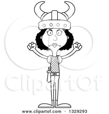 Lineart Clipart of a Cartoon Black and White Angry Tall Skinny Black Viking Woman - Royalty Free Outline Vector Illustration by Cory Thoman
