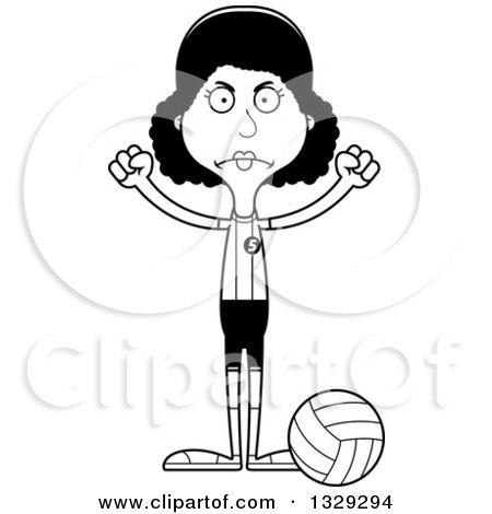 Lineart Clipart of a Cartoon Black and White Angry Tall Skinny Black Woman Volleyball Player - Royalty Free Outline Vector Illustration by Cory Thoman
