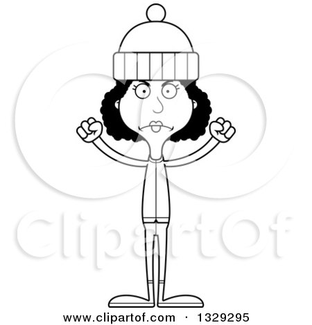 Lineart Clipart of a Cartoon Black and White Angry Tall Skinny Black Woman in Winter Clothes - Royalty Free Outline Vector Illustration by Cory Thoman