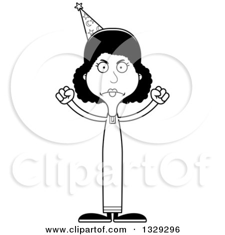Lineart Clipart of a Cartoon Black and White Angry Tall Skinny Black Wizard Woman - Royalty Free Outline Vector Illustration by Cory Thoman